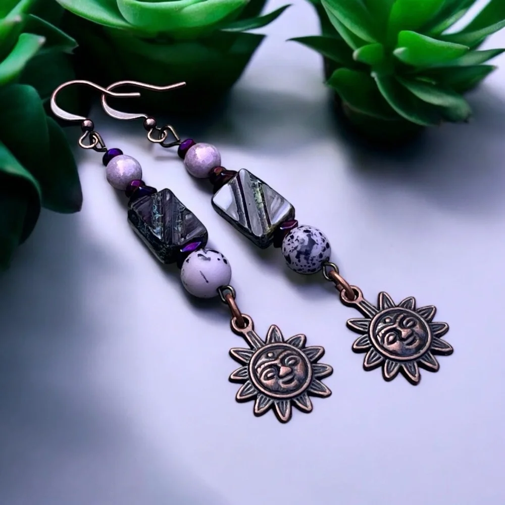 Handcrafted Sun Charm Dangle Earrings in Purple and Copper - Picture 12 of 13